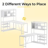 Sikaic Gaming Desk 58 Inches L Shape Corner Gaming Desk with LED Light Bookshelf White