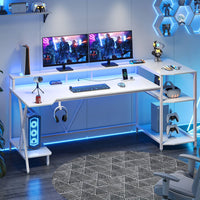 Sikaic Gaming Desk 70.8 Inches Large PC Gamer Gaming Desk with LED Lights Storage Shelves Monitor Stand Power Outlets and Cup Holder White