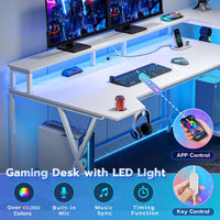 Sikaic Gaming Desk 70.8 Inches Large PC Gamer Gaming Desk with LED Lights Storage Shelves Monitor Stand Power Outlets and Cup Holder White