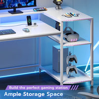 Sikaic Gaming Desk 70.8 Inches Large PC Gamer Gaming Desk with LED Lights Storage Shelves Monitor Stand Power Outlets and Cup Holder White