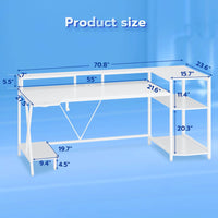 Sikaic Gaming Desk 70.8 Inches Large PC Gamer Gaming Desk with LED Lights Storage Shelves Monitor Stand Power Outlets and Cup Holder White