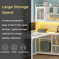 Sikaic Gaming Desk 58 Inches L Shape Corner Gaming Desk with LED Light Bookshelf White