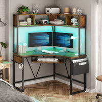 Sikaic Computer Desk Triangle Corner Small LED Computer Desk with Hutch Keyboard Tray Storage Bag and Headphone Hook Brown