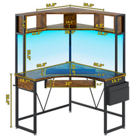 Sikaic Computer Desk Triangle Corner Small LED Computer Desk with Hutch Keyboard Tray Storage Bag and Headphone Hook Brown