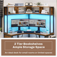 Sikaic Computer Desk Triangle Corner Small LED Computer Desk with Hutch Keyboard Tray Storage Bag and Headphone Hook Brown