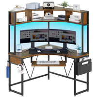 Sikaic Computer Desk Triangle Corner Small LED Computer Desk with Hutch Keyboard Tray Storage Bag and Headphone Hook Brown