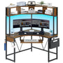 Sikaic Computer Desk Triangle Corner Small LED Computer Desk with Hutch Keyboard Tray Storage Bag and Headphone Hook Brown