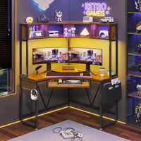 Sikaic Computer Desk Triangle Corner Small LED Computer Desk with Hutch Keyboard Tray Storage Bag and Headphone Hook Brown