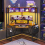 Sikaic Computer Desk Triangle Corner Small LED Computer Desk with Hutch Keyboard Tray Storage Bag and Headphone Hook Brown