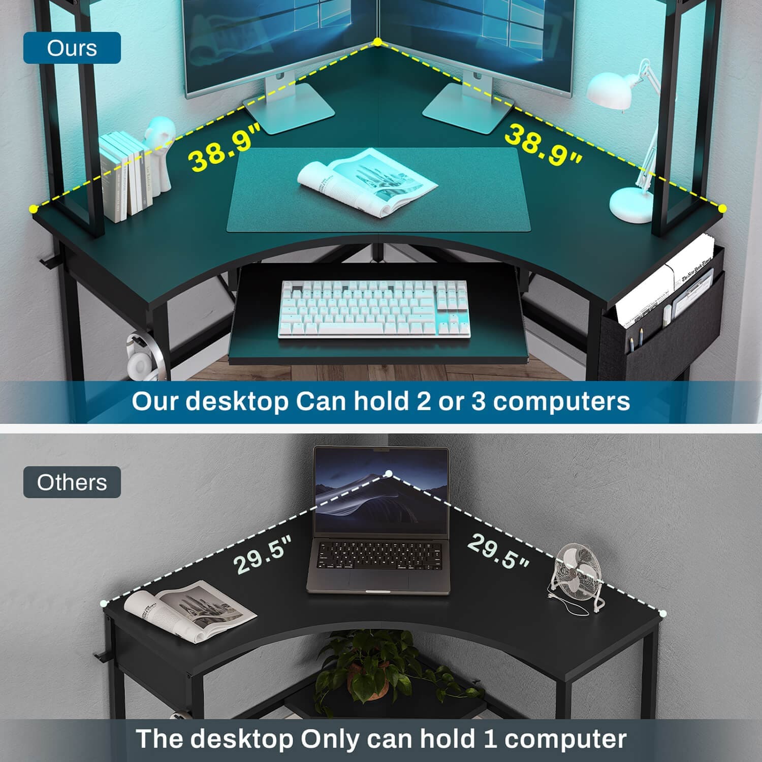 thumbnail image 2 of Triangle Corner Computer Desk With Keyboard Tray & LED Lights – Home Office – Black 2 of 5