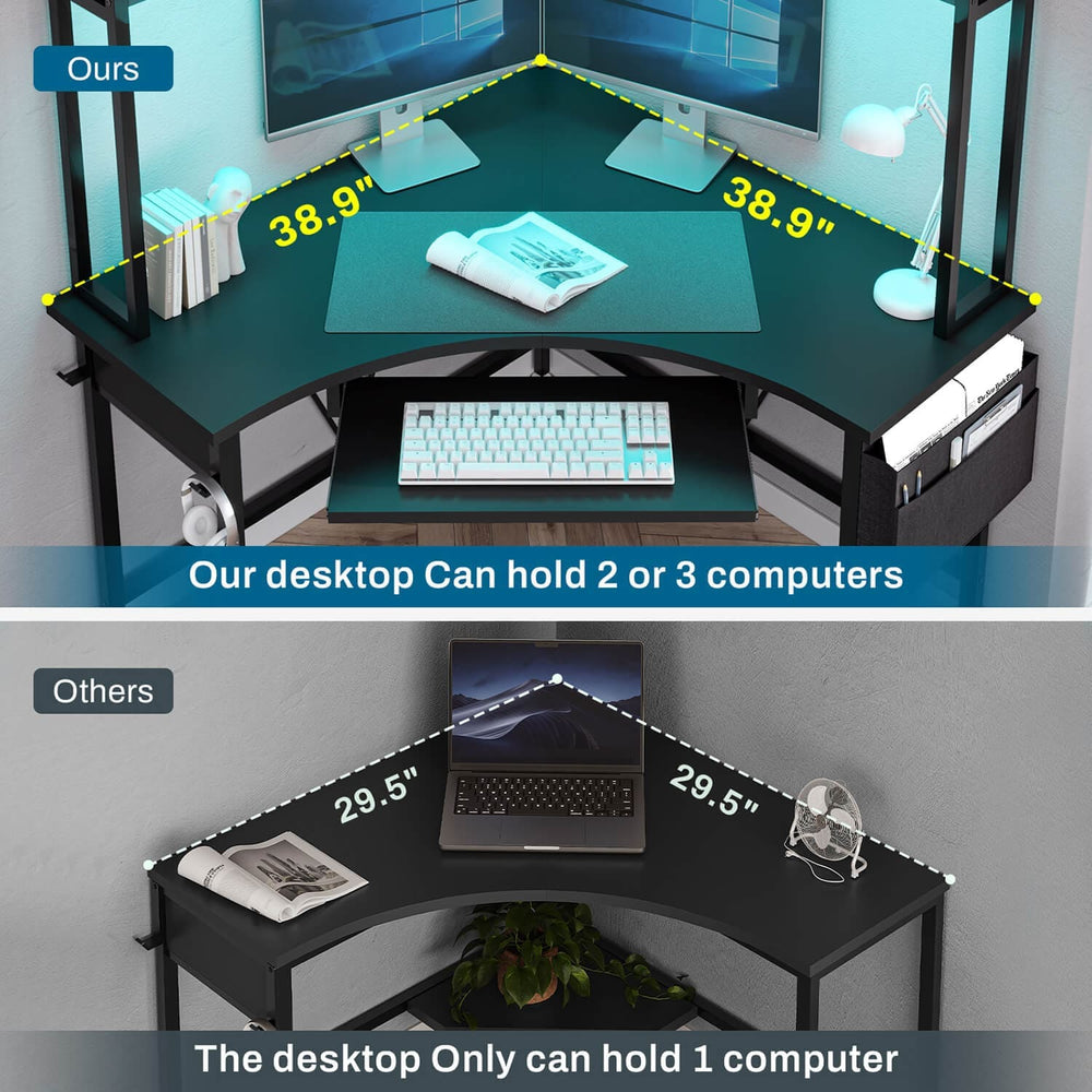 Triangle Corner Computer Desk Black with Keyboard Tray | Sikaic