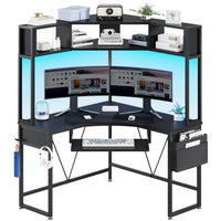 Sikaic Computer Desk Triangle Corner Small LED Computer Desk with Hutch Keyboard Tray Storage Bag and Headphone Hook Black