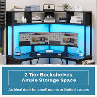 Sikaic Computer Desk Triangle Corner Small LED Computer Desk with Hutch Keyboard Tray Storage Bag and Headphone Hook Black