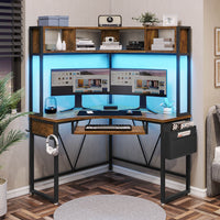 Sikaic Computer Desk Triangle Corner Small LED Computer Desk with Hutch Keyboard Tray Storage Bag and Headphone Hook Brown