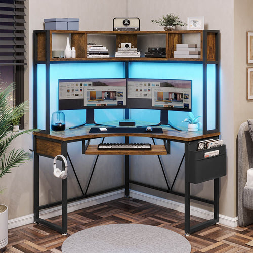 Sikaic Computer Desk Triangle Corner Small LED Computer Desk with Hutch Keyboard Tray Storage Bag and Headphone Hook Brown