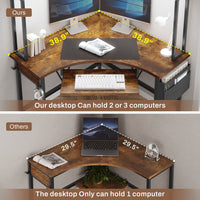 Sikaic Computer Desk Triangle Corner Small LED Computer Desk with Hutch Keyboard Tray Storage Bag and Headphone Hook Brown