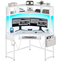 Sikaic Computer Desk Triangle Corner Small LED Computer Desk with Hutch Keyboard Tray Storage Bag and Headphone Hook White