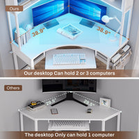 Sikaic Computer Desk Triangle Corner Small LED Computer Desk with Hutch Keyboard Tray Storage Bag and Headphone Hook White