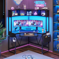 Sikaic Computer Desk Triangle Corner Small LED Computer Desk with Hutch Keyboard Tray Storage Bag and Headphone Hook Black