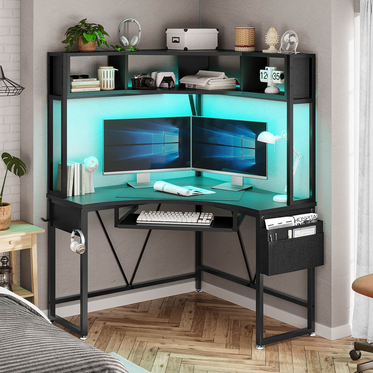 Triangle Top Computer Table Triangle Corner Computer Desk Black with Keyboard Tray | Sikaic