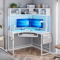 Sikaic Computer Desk Triangle Corner Small LED Computer Desk with Hutch Keyboard Tray Storage Bag and Headphone Hook White