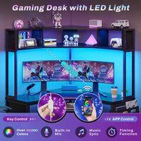 Sikaic Computer Desk Triangle Corner Small LED Computer Desk with Hutch Keyboard Tray Storage Bag and Headphone Hook Black