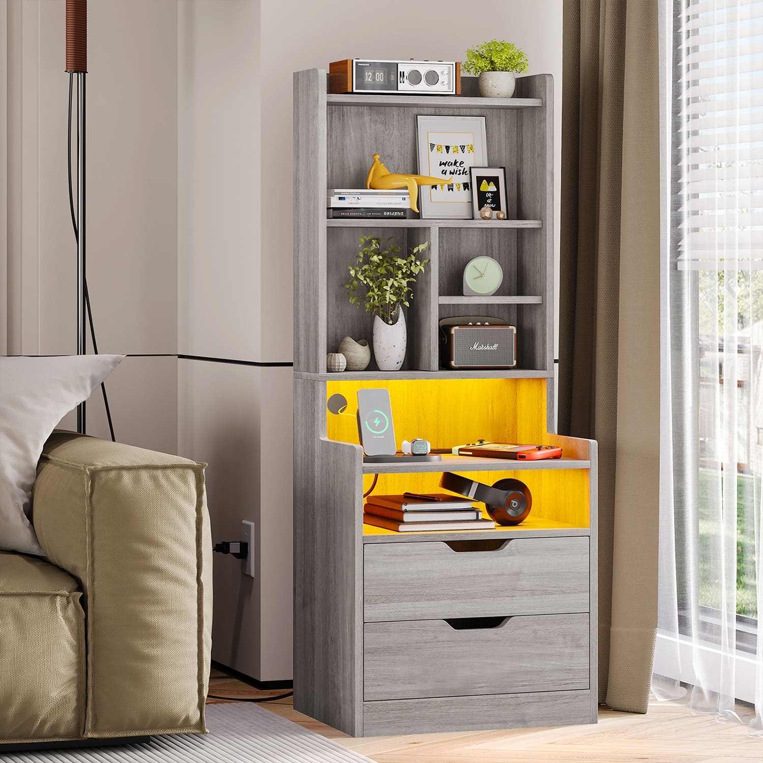 Bookcase Nightstand Rack Bookshelf Nightstand with LED Drawer Grey | Sikaic