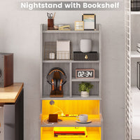 Sikaic Nightstand LED Nightstand with Bookshelf Charging Station Grey