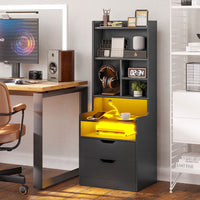 Sikaic Nightstand LED Nightstand with Bookshelf Charging Station Black