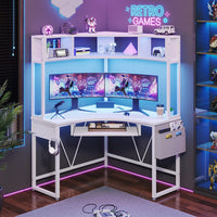 Sikaic Computer Desk Triangle Corner Small LED Computer Desk with Hutch Keyboard Tray Storage Bag and Headphone Hook White