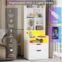 Sikaic Nightstand LED Nightstand with Bookshelf Charging Station White