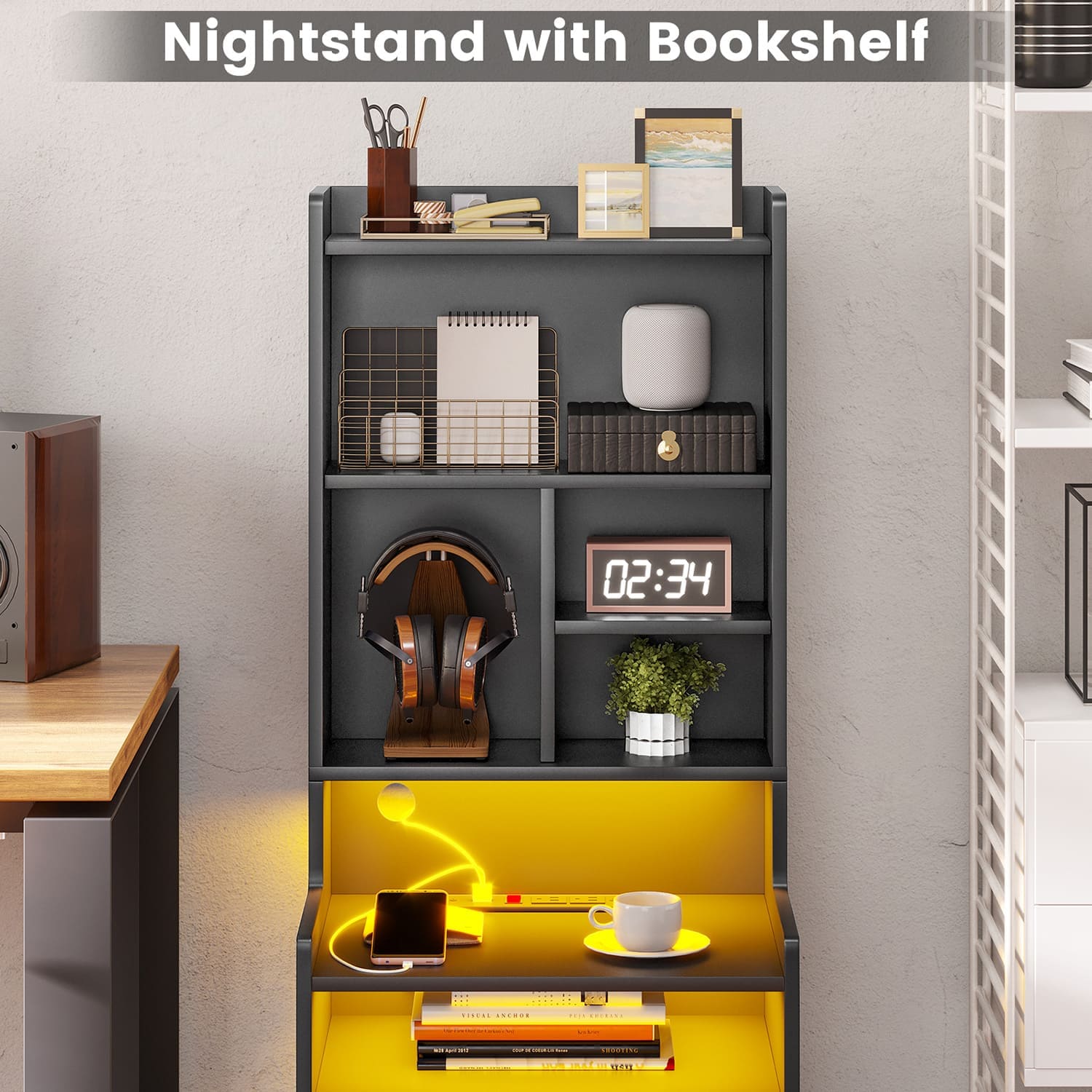 Bookcase Nightstand Rack LED Tall Nightstand with Bookshelf Charging Station Black | Sikaic