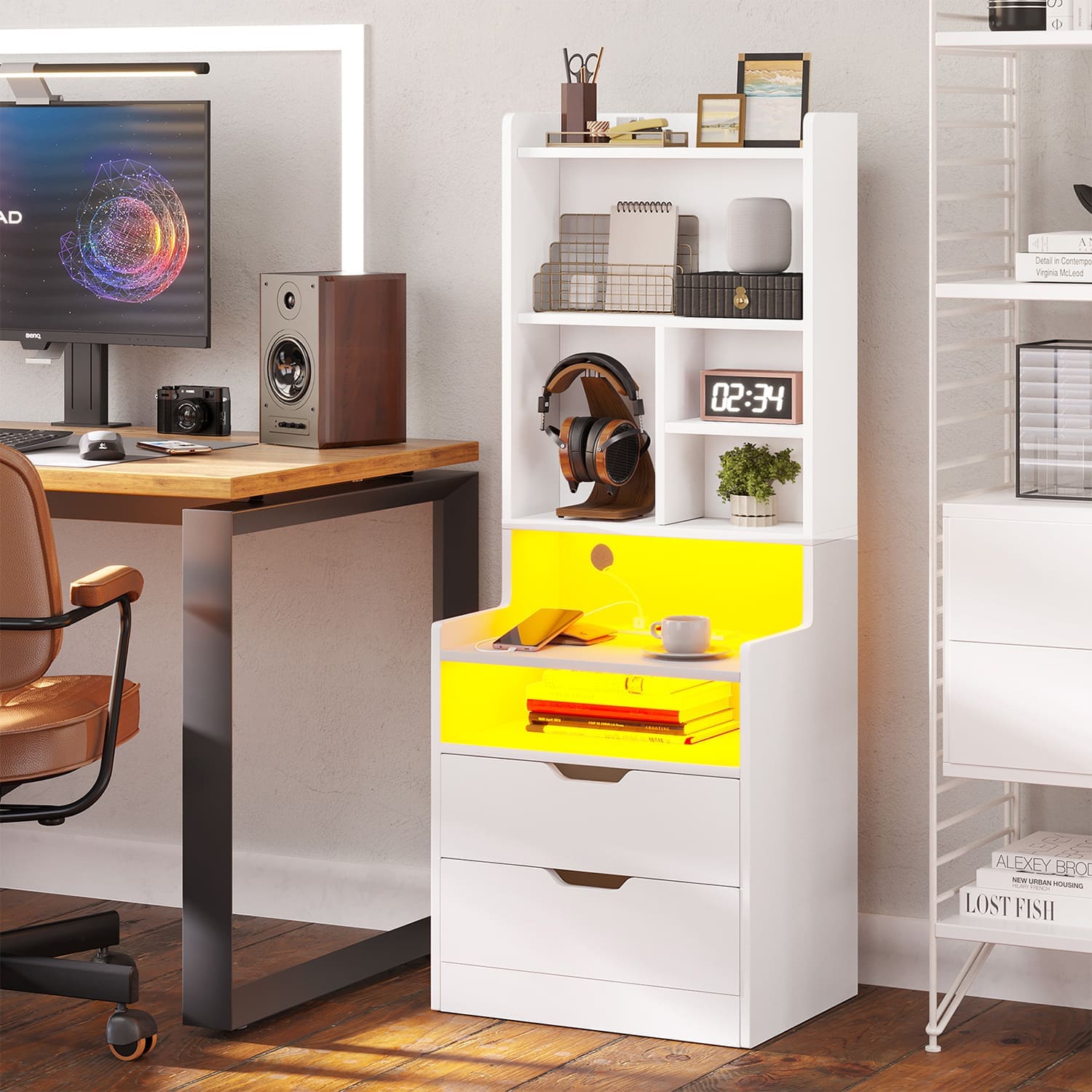 Bookcase Nightstand Rack LED Tall Bookshelf Nightstand with Drawer White | Sikaic