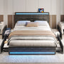 Sikaic LED Bed Frame with Storage Drawers Leather Platform Adjustable Headboard Storage Drawers and Charging Station Black