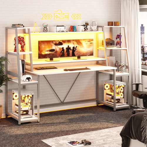 Sikaic Gaming Desk Sikaic 78.8 Inches Large PC Gamer Ergonomic Gaming Desk with LED Lights Hutch White