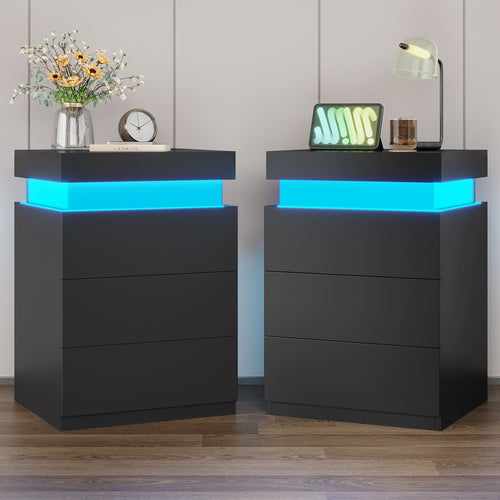 Sikaic Nightstand Nightstand with Sliding Top Charging Station and LED Lights Black