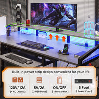 Sikaic Gaming Desk 63 Inches  Gaming Desk with LED Light Drawers Grey