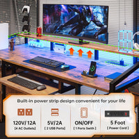 Sikaic Gaming Desk 63 Inches Gaming Desk with LED Light Drawers Rustic Brown