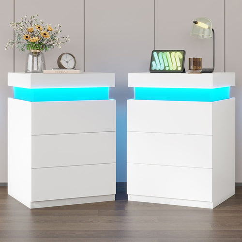 Sikaic Nightstand Nightstand with Sliding Top Charging Station and LED Lights White