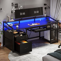 Sikaic Gaming Desk 63 Inches Gaming Desk with LED Light Drawers Black
