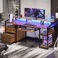 Sikaic Gaming Desk 63 Inches Gaming Desk with LED Light Drawers Rustic Brown