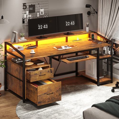 Sikaic Gaming Desk 63 Inches Gaming Desk with LED Light Drawers Rustic Brown