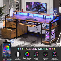Sikaic Gaming Desk 63 Inches Gaming Desk with LED Light Drawers Rustic Brown