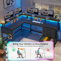 Sikaic Gaming Desk 63.8 Inches L Shaped Reversible Corner Carbon Fiber Gaming Desk with Power Outlet and Pegboard LED Light Drawers Black