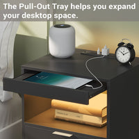 Sikaic Nightstand Nightstand with Pull-Out Shelf Wireless Charging Station and LED Lights Black