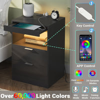Sikaic Nightstand Nightstand with Pull-Out Shelf Wireless Charging Station and LED Lights Black