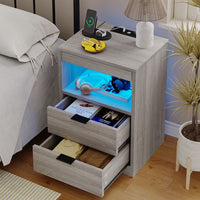 Sikaic Nightstand Nightstand with Pull-Out Shelf Wireless Charging Station and LED Lights Grey