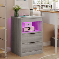 Sikaic Nightstand Nightstand with Pull-Out Shelf Wireless Charging Station and LED Lights Grey