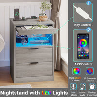 Sikaic Nightstand Nightstand with Pull-Out Shelf Wireless Charging Station and LED Lights Grey