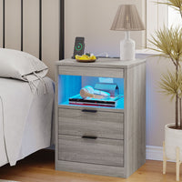 Sikaic Nightstand Nightstand with Pull-Out Shelf Wireless Charging Station and LED Lights Grey